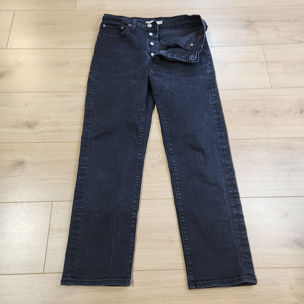 Levis Wedgie Straight Jeans Womens 30x28 Black Wash High Rise Button Fly Denim